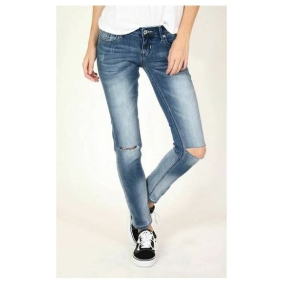 Grace in LA Jeans Women's Sanded Distress Knee Slit Skinny Fit Stretch Jeans - Picture 1 of 6